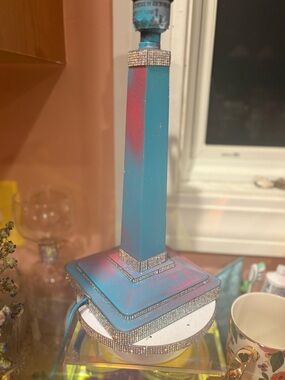 Custom designed table Lamp in Teal & Pink splash with Rhinestone accents!